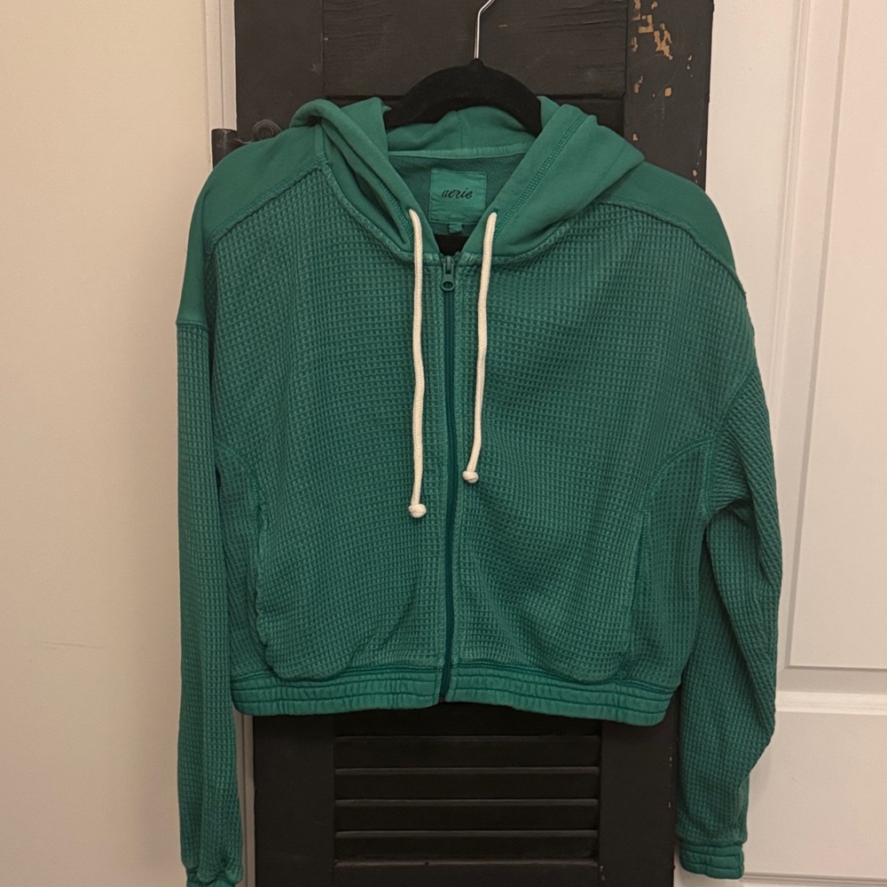 Aerie Waffle Zip-Up Hoodie-Emerald Green